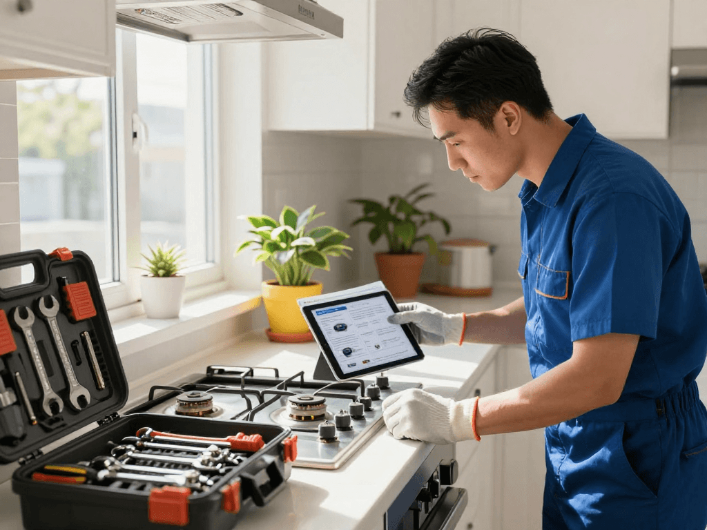 Gas Appliance Service in North York - technician inspecting a modern kitchen stove with tools and safety gear.