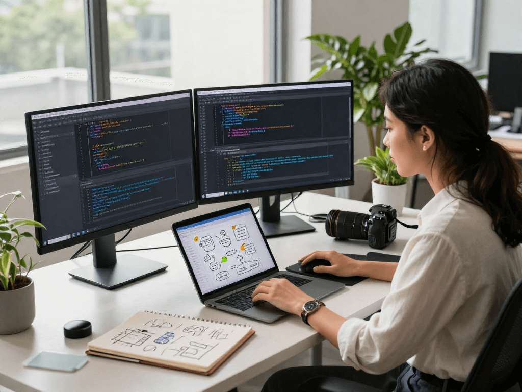Focused software developer at modern workspace creating innovative applications for trang chủ debet with dual monitors and coding tools.