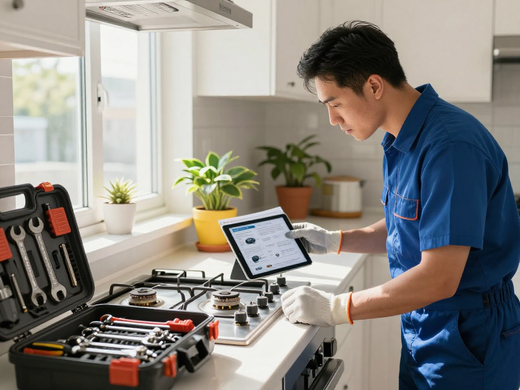 Gas Appliance Service in North York - technician inspecting a modern kitchen stove with tools and safety gear.