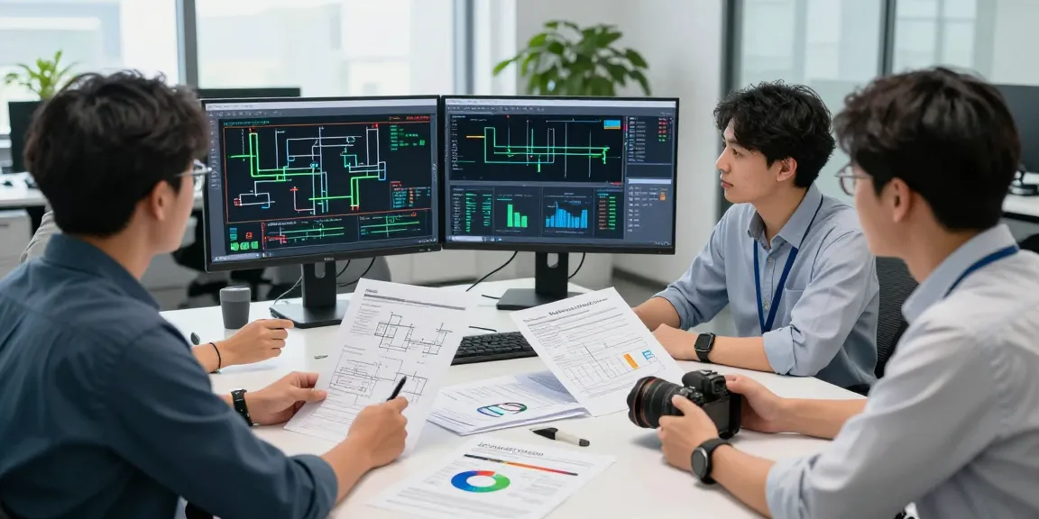 Piping Stress Analysis USA in an engineering office with professionals discussing project plans and advanced software.