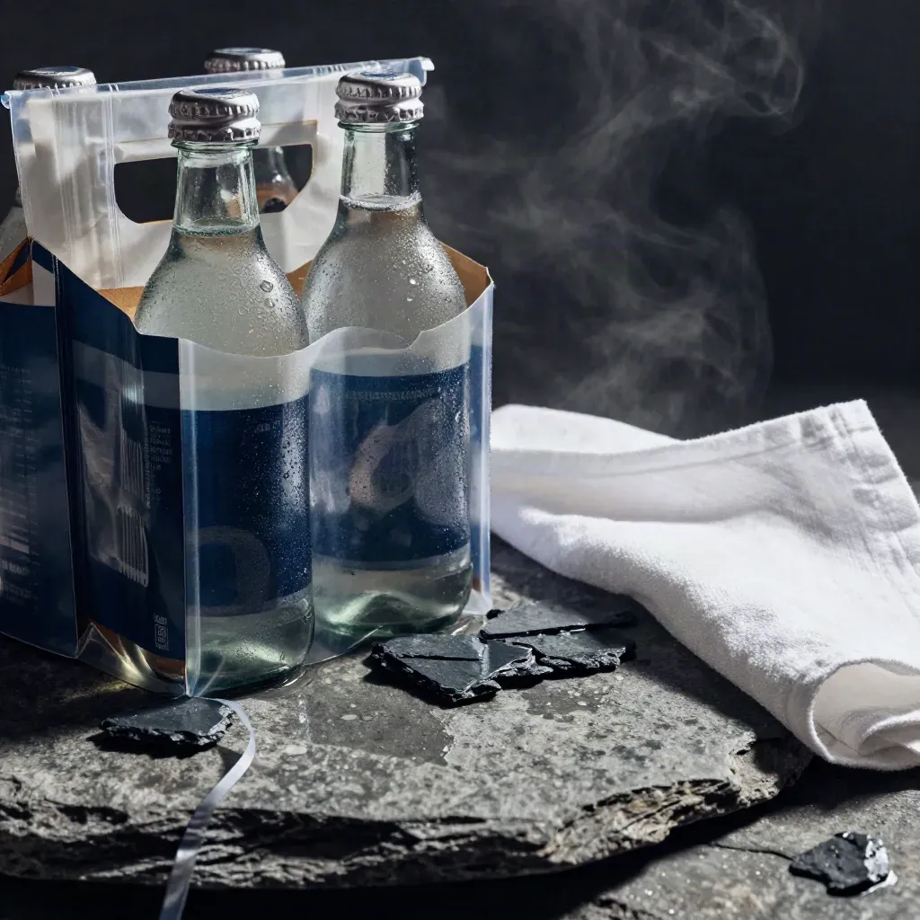 Macro of a still-water case with bottles, slate chips and a white cloth on wet stone.