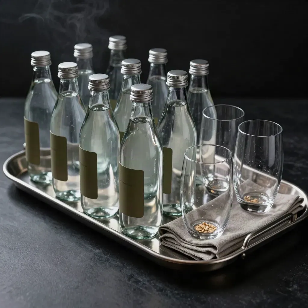 Chilled water bottles in a steel service tray with glasses and linen on black
