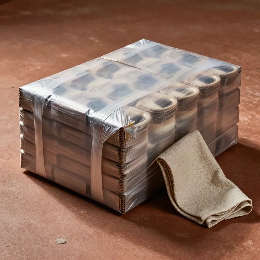 Diagonal stack of refill water cases on terracotta concrete with a folded cloth