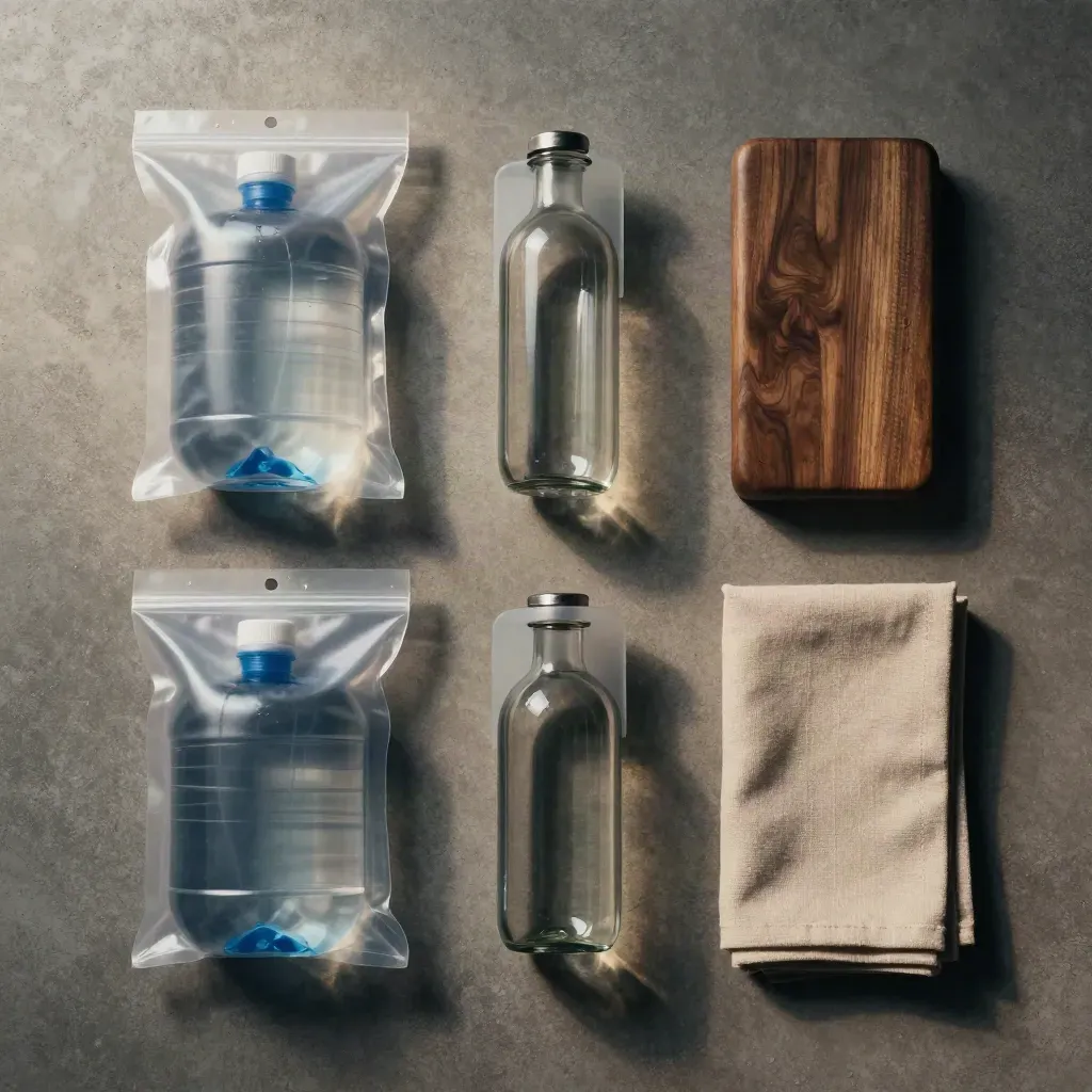 Overhead flatlay of two water cases, a glass-bottle pack and folded cloth on concrete.