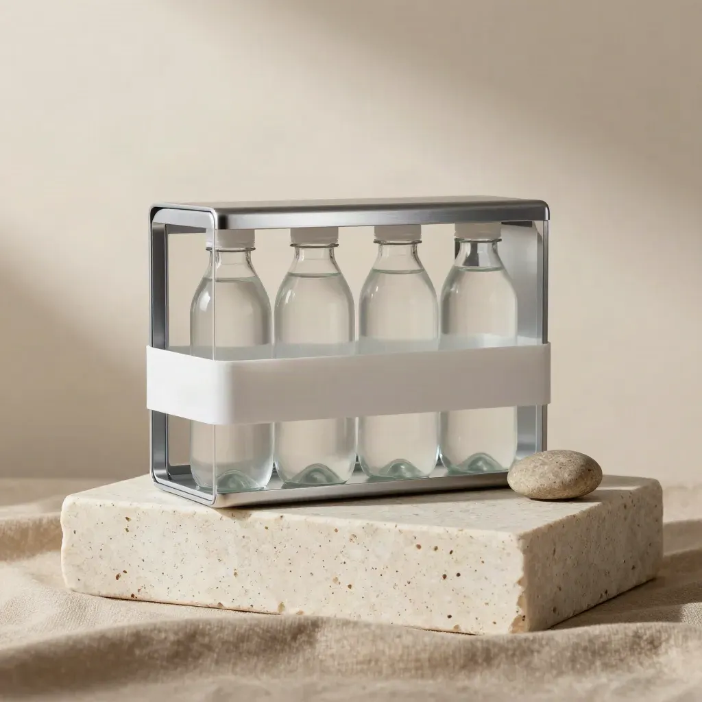 Alkaline water case with sealed bottles on pale stone, lit dramatically in a premium studio still life.
