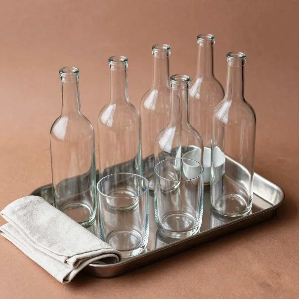 Overhead flatlay of six clear table glass bottles in a brushed-steel tray with linen and glasses