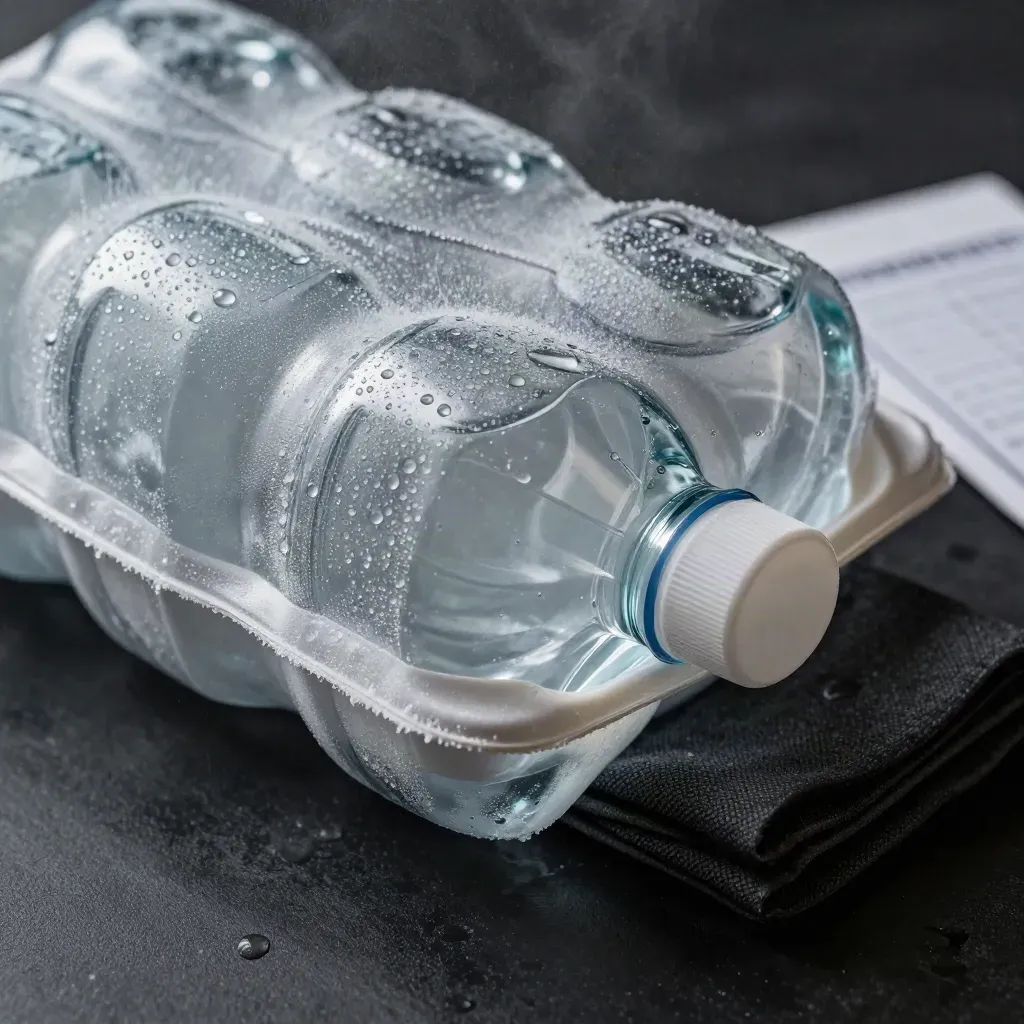 Macro of chilled bottled water in an insulated cooler pack with ice, frost, and condensation.