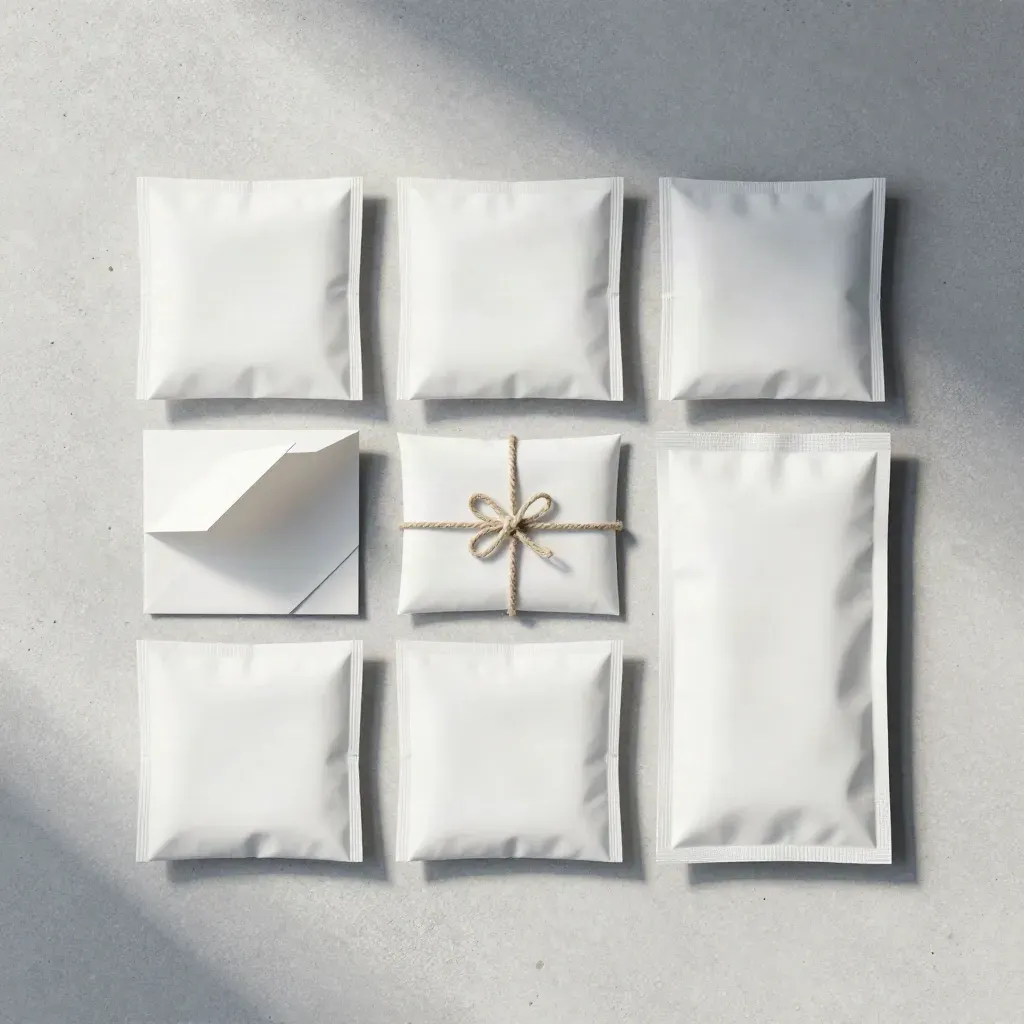 Overhead flatlay of white refill parcels with twine on pale concrete