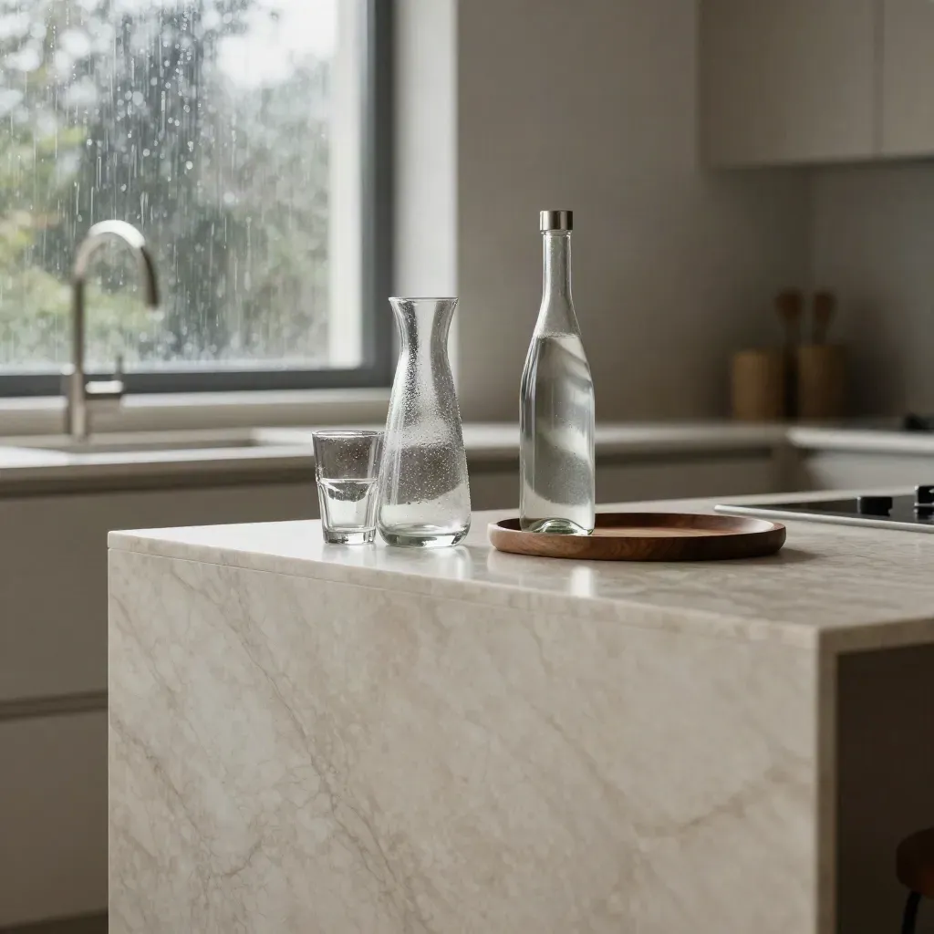Rain-dimmed marble island with carafe, stacked glasses, and still-water bottle in soft morning light.