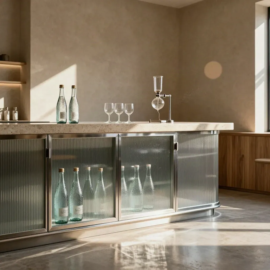 Sunlit café backbar with ribbed glass, chrome trim and sparkling water bottles above calm copy space.