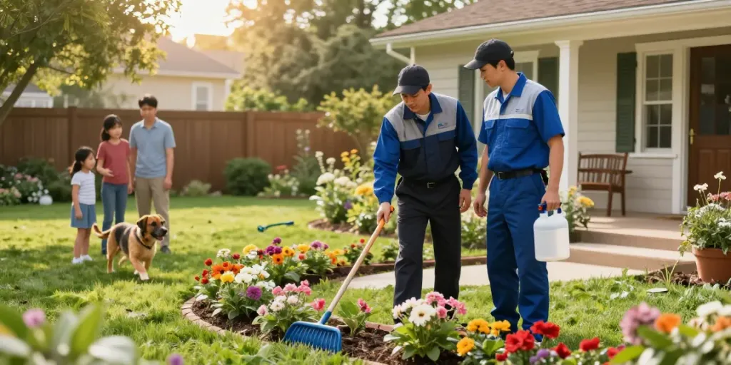 Pest control technician applying eco-friendly pesticide in a family garden.